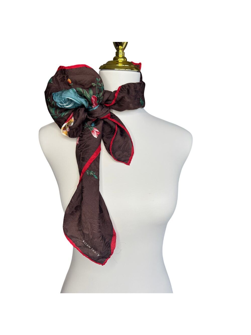 Ellen Tracy Floral Silk Blend Square Scarf Brown Red Tulip Garden Wrap